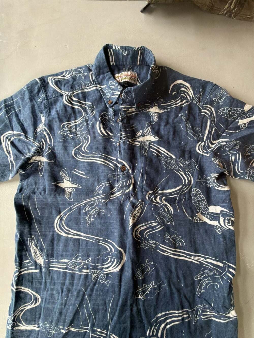 Pataloha Patagonia Mens S Pullover Shirt Fish Hawaiian Tropical Hemp Tencel Blue